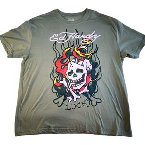 ED HARDY Flaming Skull T-Shirt Mens XL Green Cotton NEW